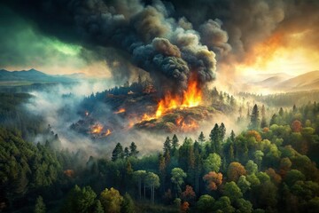 Aerial Forest Fire Smoke Double Exposure Photography - Burning Landscape Imagery