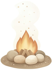 Cozy Watercolor Campfire with Stones on a White Background