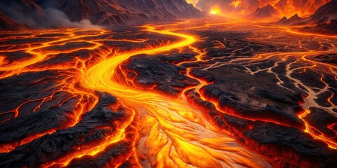 Aerial Lava Flow Abstract Background: Orange Red Hot Molten Rock Texture