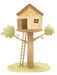 Cartoon treehouse with ladder on a grassy platform on a white background

