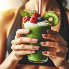 Woman holding green smoothie with fruit
