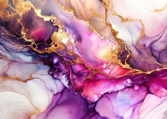 Aerial View Abstract Fluid Art: Pink Purple White Marble Alcohol Ink Painting with Golden Glitter
