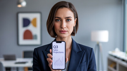 Woman presenting q three sales projections on a smartphone in a modern office setting indoors