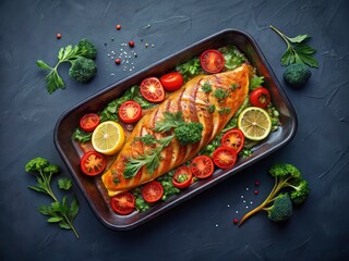 Aerial View Baked Salmon Broccoli Tomato Recipe - Healthy Dinner Food Photography