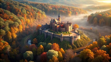 Aerial View: Ancient Castle Surrounded by Diverse Trees - Drone Photography, Autumn Foliage, Majestic Fortress, Scenic Landscape