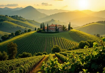 Naklejka premium Villa on Hilltop Vineyard at Sunset