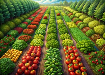 Aerial View Organic Tomatoes & Greens Harvest - High-Resolution Farm Food Photography