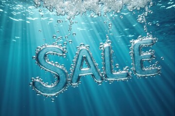Sale word made of air bubbles floating underwater with sunbeams