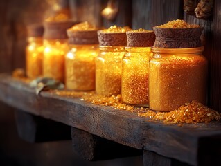 Golden Sugar in Glass Jars on Rustic Wooden Shelf with Warm Lighting