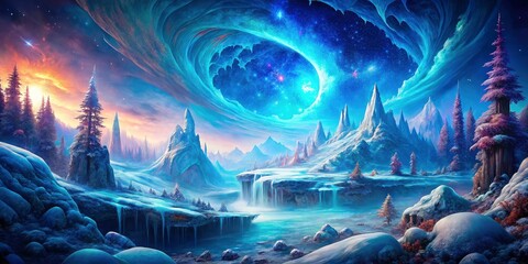 AI Generated Frosty Winter Background: Surreal Ice Wonderland, Magical Snowy Landscape, Cold Winter Scene
