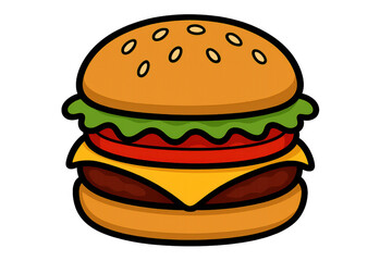 Delicious cartoon cheeseburger with sesame bun, beef patty, cheese, tomato, and lettuce, isolated on transparent background