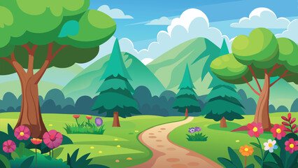Naklejka premium Cartoon Landscape with Trees, Flowers, Mountains, Pathway, and Sky Illustration