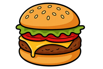 Cartoon hamburger with melting cheese, crisp lettuce, ripe tomato slices nestled between sesame seed bun, floating on transparent backdrop