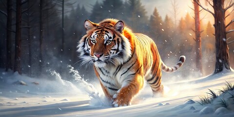 Amur Tiger Prowling: Majestic Siberian Tiger Hunting in Winter Forest