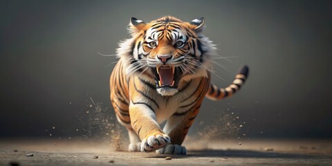 Angry Tiger Running, Front View, Tilt-Shift Miniature Effect, Wildlife Photography, Big Cat, Isolated Background