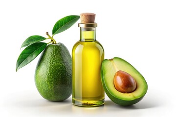 Avocado Oil Bottle, Avocado, White Background: Healthy Cooking Oil Product Photography