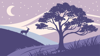 Serene Nightscape Design Featuring a Majestic Tree Deer and Moon