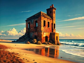 Beach Brick Building, Coastal Brick Structure, Oceanfront Brick Architecture, Seaside Brick House, Brick Building by the Sea, Summer Beach House, Coastal Home, Brick Architecture Photography