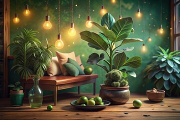 Biophilic Design, Cozy Indoor Space, Bokeh, Wooden Bench, Fiddle Leaf Figs, Earthy Decor, Green Wall, Interior Design, Room Decor