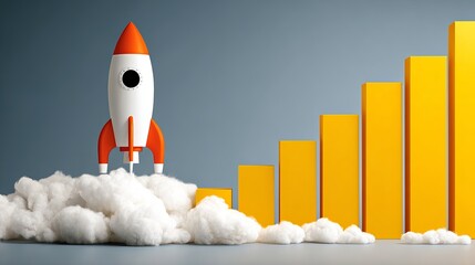 Business growth chart rising with rocket icon Financial graph arrow shows wealth boost Technology and illustration concept