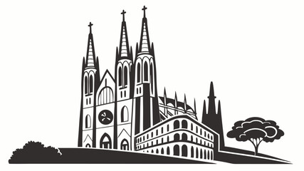 Fototapeta premium Black silhouette silhouette illustration of a cathedral with spires and a building next to a tree on a hill