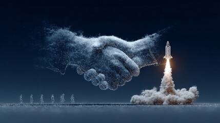 Abstract rocket launch and handshake wireframe Digital business deal or investment startup illustration on technology blue background