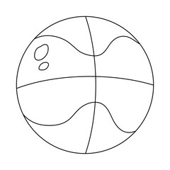 Coloring page with outline drawing of basketball ball with stylized lines and highlights. Physical education lesson. For entertaining kids activity, back to school black and white printable design.