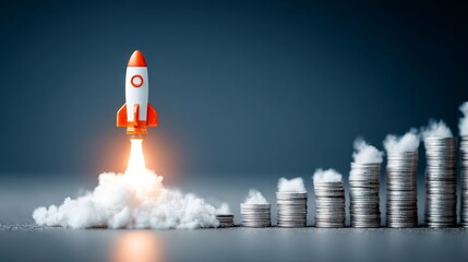 Business growth chart rising with rocket icon Financial graph arrow shows wealth boost Technology and illustration concept