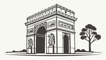 Black silhouette illustration of the arc de triomphe in paris with a tree to the right side in black and white style
