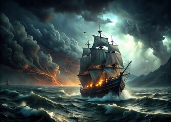 Black Pearl Pirate Ship Thunderstorm Sea Stormy Ocean High Depth of Field  Fantasy Art