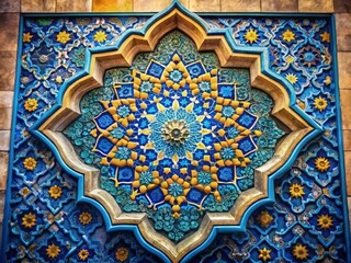 Blue Gold Arabic Tile Pattern Courtyard Wall Top View Islamic Geometric Design
