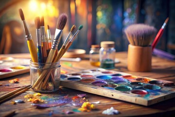 Bokeh Photography: Colorful Paint Brushes & Palette on Workshop Table - Artistic Still Life