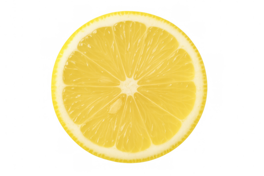 Bright yellow lemon slice highlighting intricate pulp details and textured rind against clean transparent backdrop
