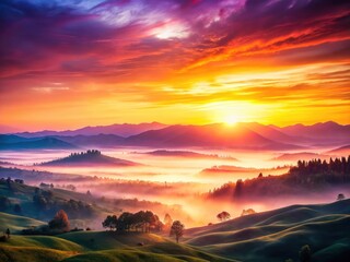 Breathtaking Sunrise Landscape Photography, Misty Rolling Hills, Vibrant Colors, Dawn, Serene Valley, Low Light
