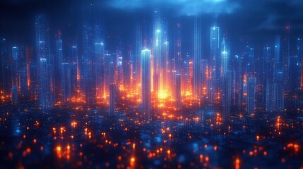 Fototapeta premium Futuristic Cityscape with Glowing Skyscrapers and Neon Lights