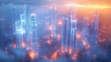 Fototapeta premium Futuristic Cityscape with Glowing Skyscrapers at Sunset