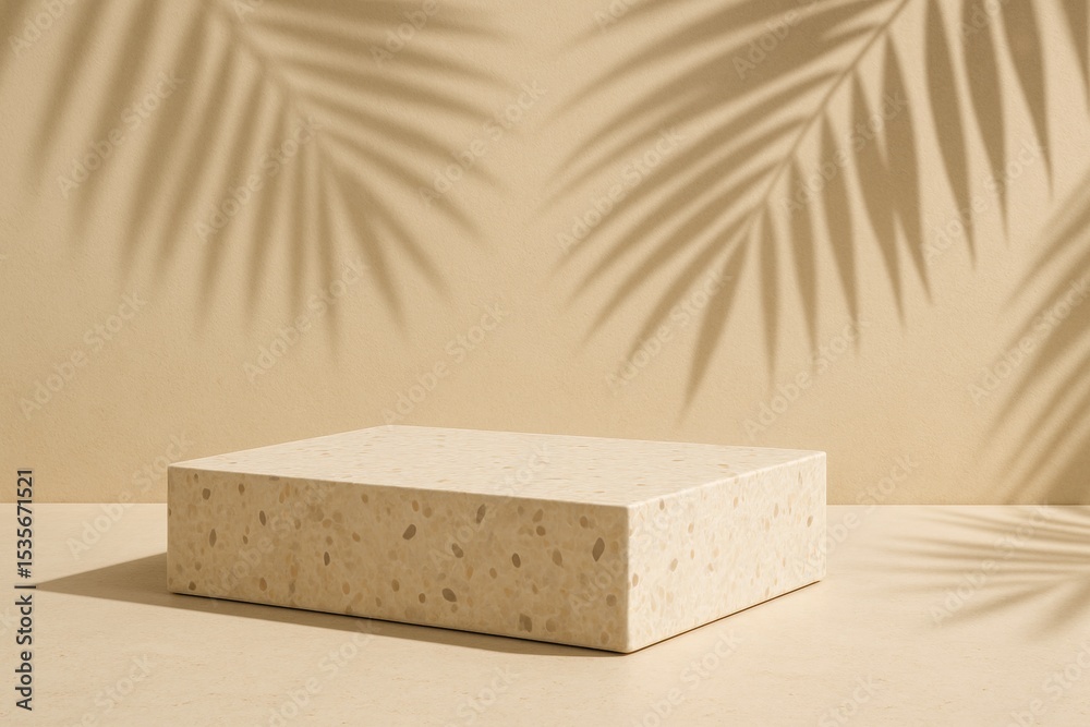 Poster minimalistic empty terrazzo podium on beige background with palm tree shadow creating a relaxing and