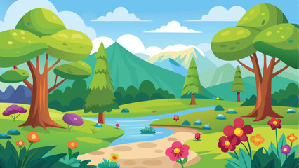 Naklejka premium Cartoon Spring Landscape with River, Flowers, Trees, and Mountain Background Illustration