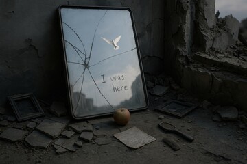 Broken mirror reflecting a dove flying over a ruined city. With i was here inscribed. Lying among rubble. An apple. A letter. And a magnifying glass. Symbolizes lost hope and memories after disaster