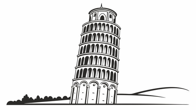 Black silhouette illustration of the leaning tower of pisa with black outlines on a white background and landscape view