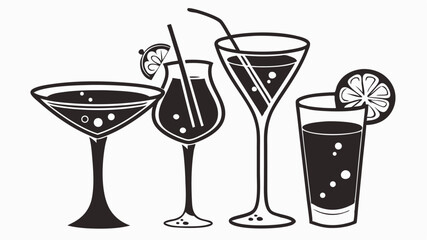 Black silhouette illustration of four cocktail glasses with straws and citrus fruit slices in black and white line art style