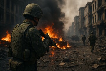 Naklejka premium Soldiers patrolling a burning city during war, gripping weapons tightly while wearing camouflage uniforms, navigate through the chaos of destruction and danger in an urban battlefield