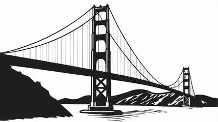 Black silhouette silhouette illustration of the golden gate bridge with hills and water in a monochrome color scheme