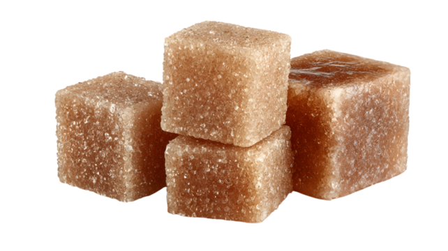 Close up view of four brown sugar cubes stacked together against a solid isolated on white transparent background capturing the details of the granulated texture
