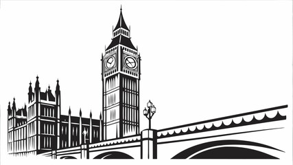 Black silhouette black and white illustration of the houses of parliament and the big ben clock tower with a bridge view london