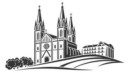 Black silhouette illustration of a church with tall spires and a building on a hill with trees in black and white style