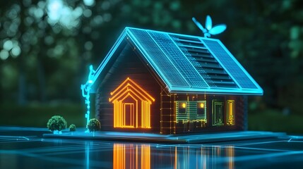 Holographic interface showing energy consumption in a house powered by renewable energy