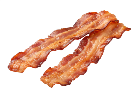 Crispy fried bacon strips with a delicious texture isolated on a black background