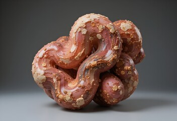 Fototapeta premium Abstract sculpture with pink and beige tones resembling intertwined organic forms on a gray background