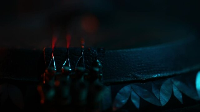 Extreme macro shot of a traditional ethnic stringed instrument. The camera slowly reveals details of the tuning pegs, strings, and fretboard with moody lighting.